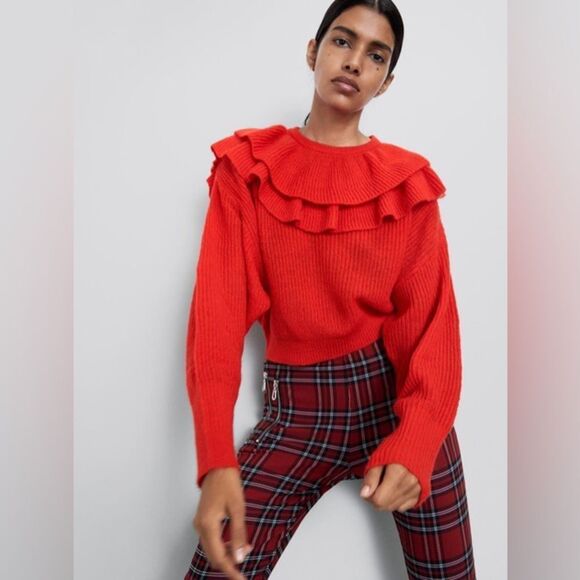 Zara Holiday Red Plaid Mid Rise Stretch Legging Pants, Size Medium NWT - Picture 2 of 16